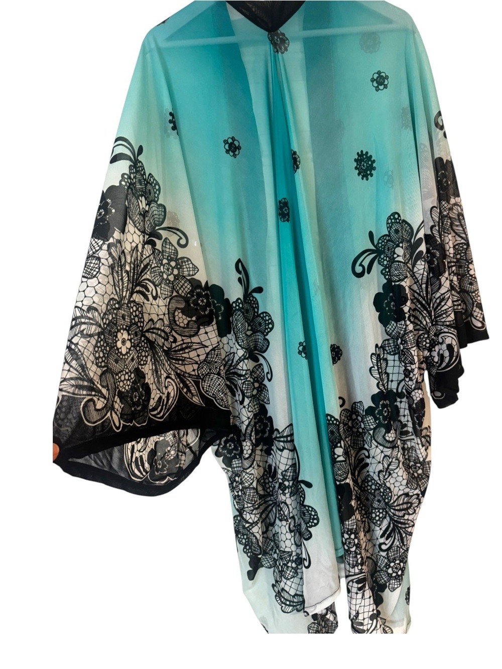 Teal and Black Sheer Floral Lace Kimono Cape